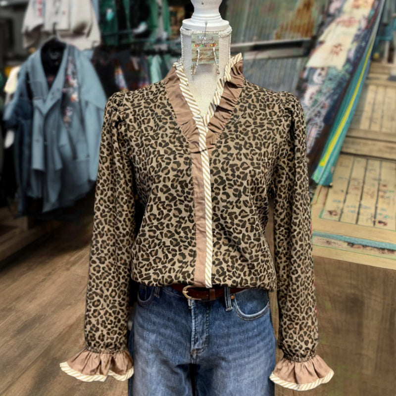 Vintage Bluse Med Leopardmønster