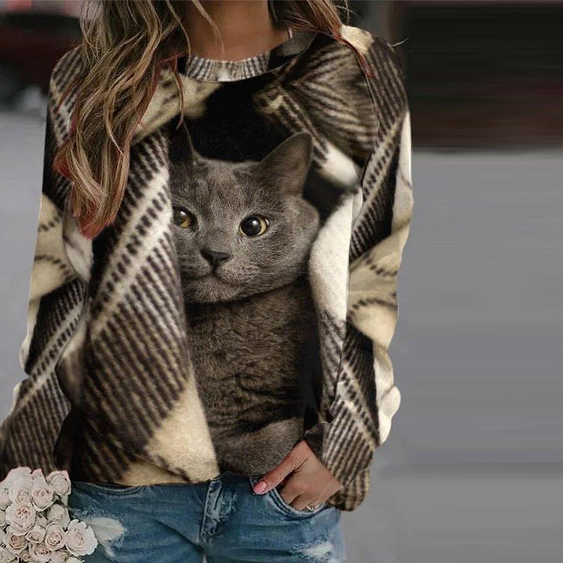 Kreativ Sweatshirt Med Kattetrykk