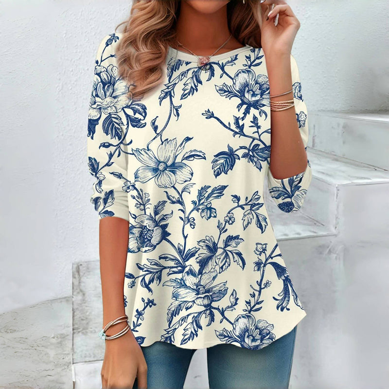 【Lange Ermer】 Vintage Bluse Med Blomstertrykk