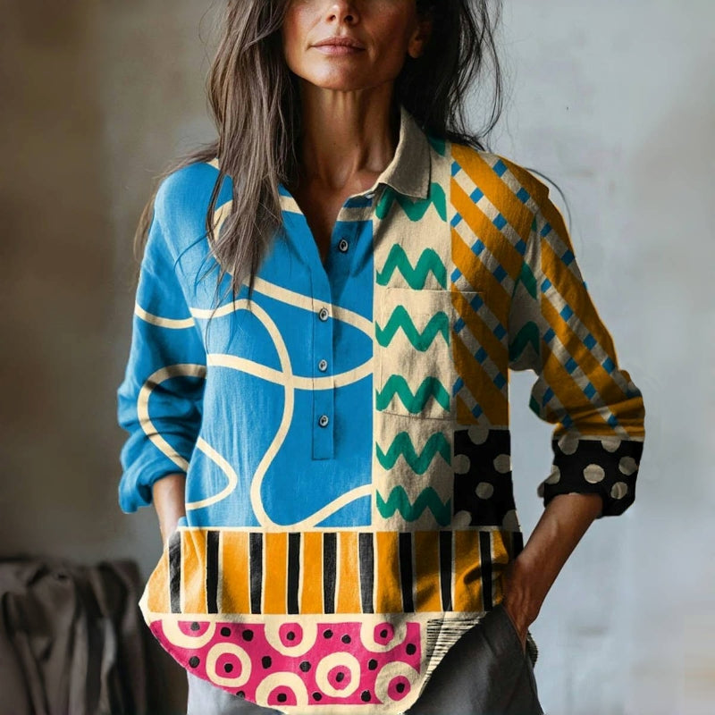 Vintage Bluse Med Geometrisk Trykk