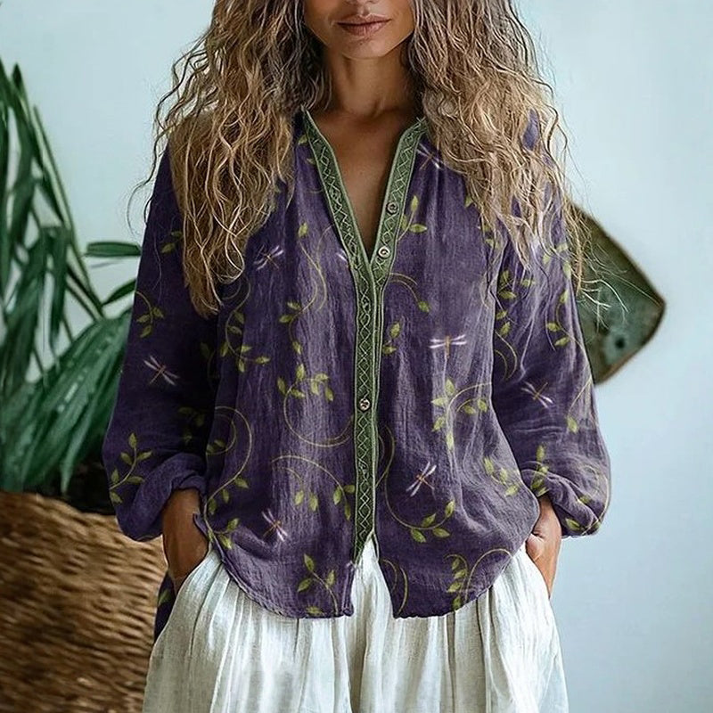 Vintage Bluse Med Bladtrykk
