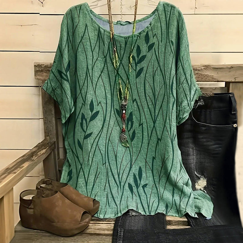 Vintage Bluse Med Bladtrykk