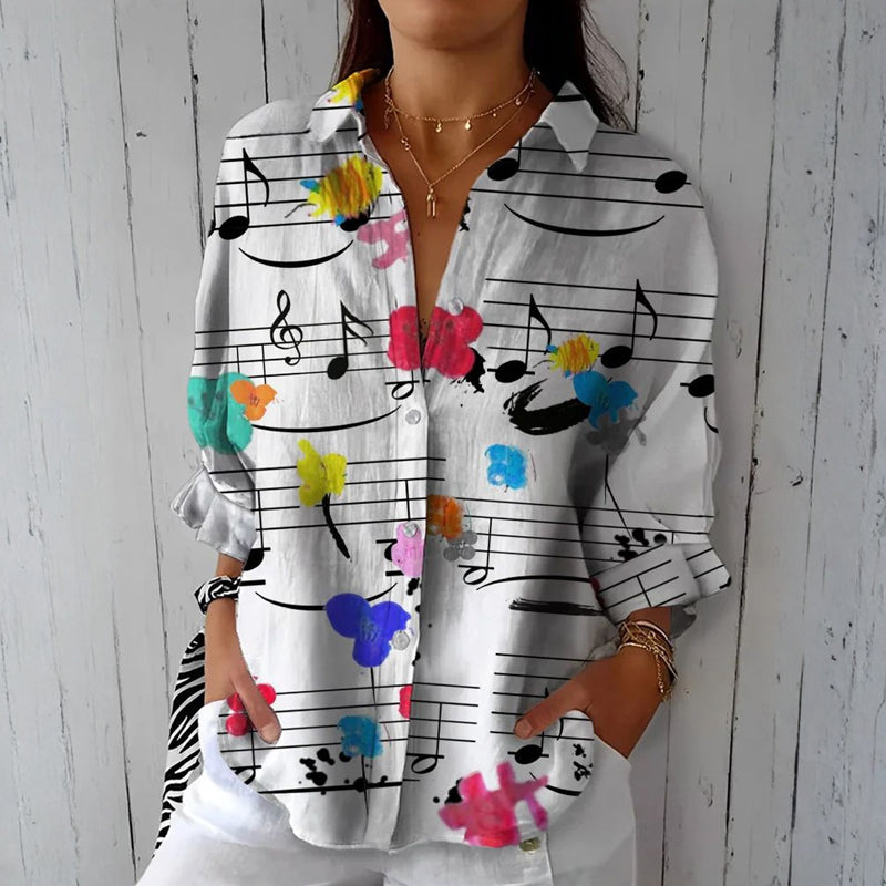 Vintage Bluse Med Musikknotemønster