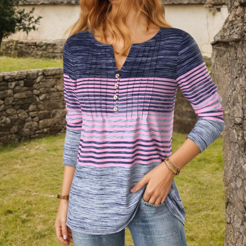 【Lange Ermer】Bluse Med Fargeblokker Og Striper