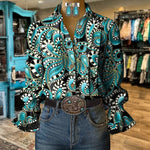 Vintage Bluse Med Abstrakt Trykk