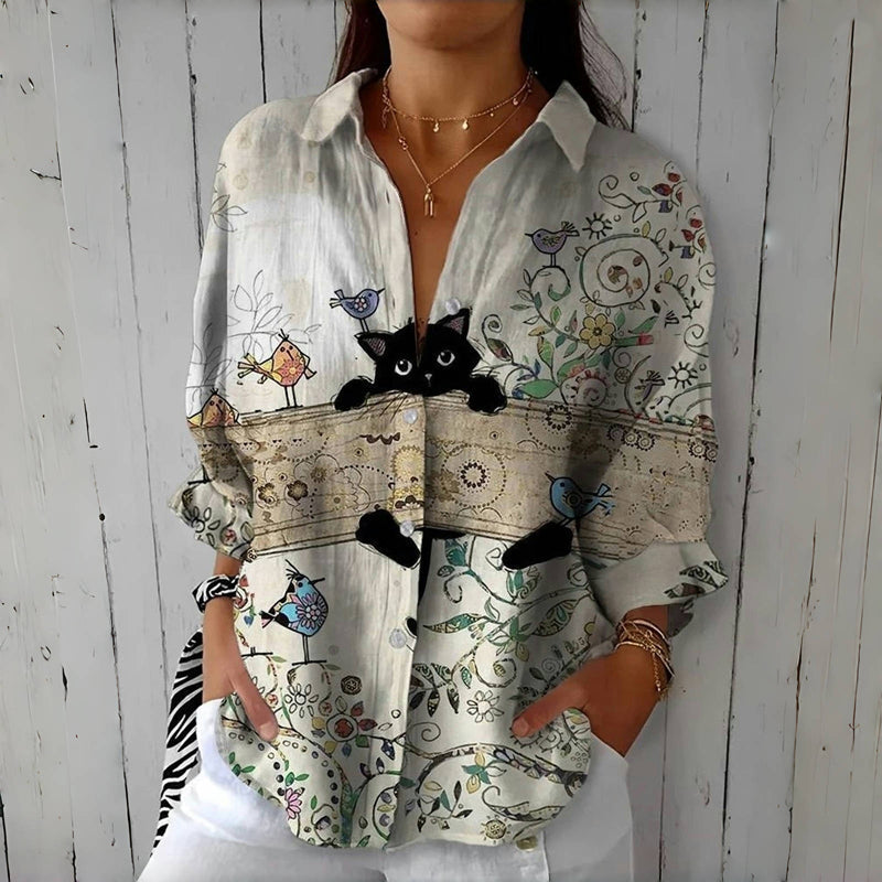 Vintage Kreativ Bluse Med Kattetrykk