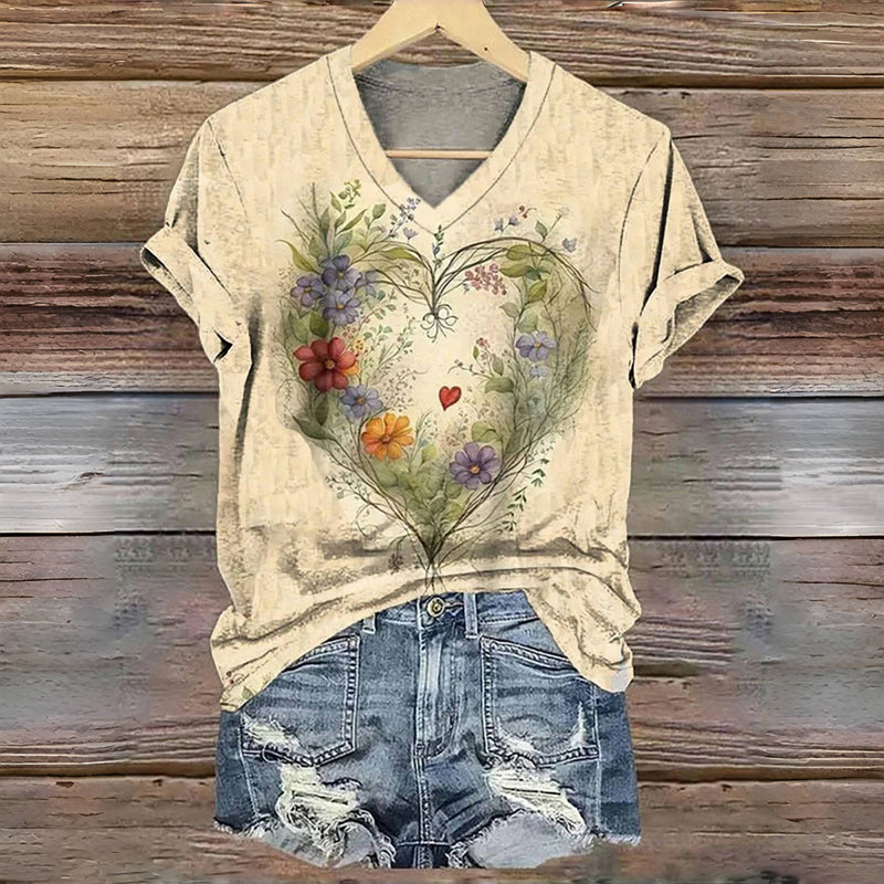 Vintage T-Skjorte Med Blomstertrykk