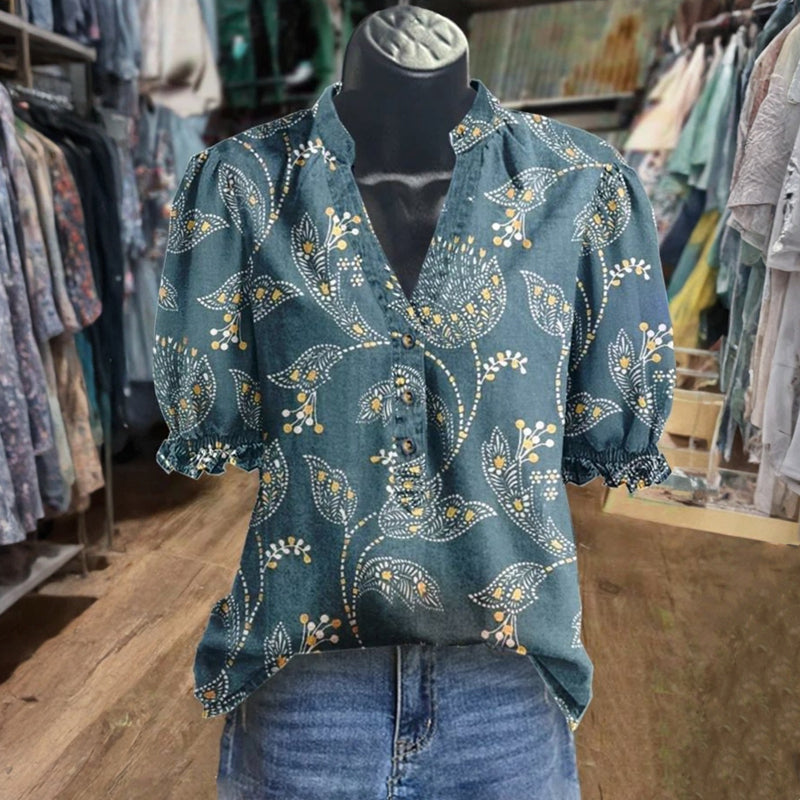 Vintage Bluse Med Blomstertrykk