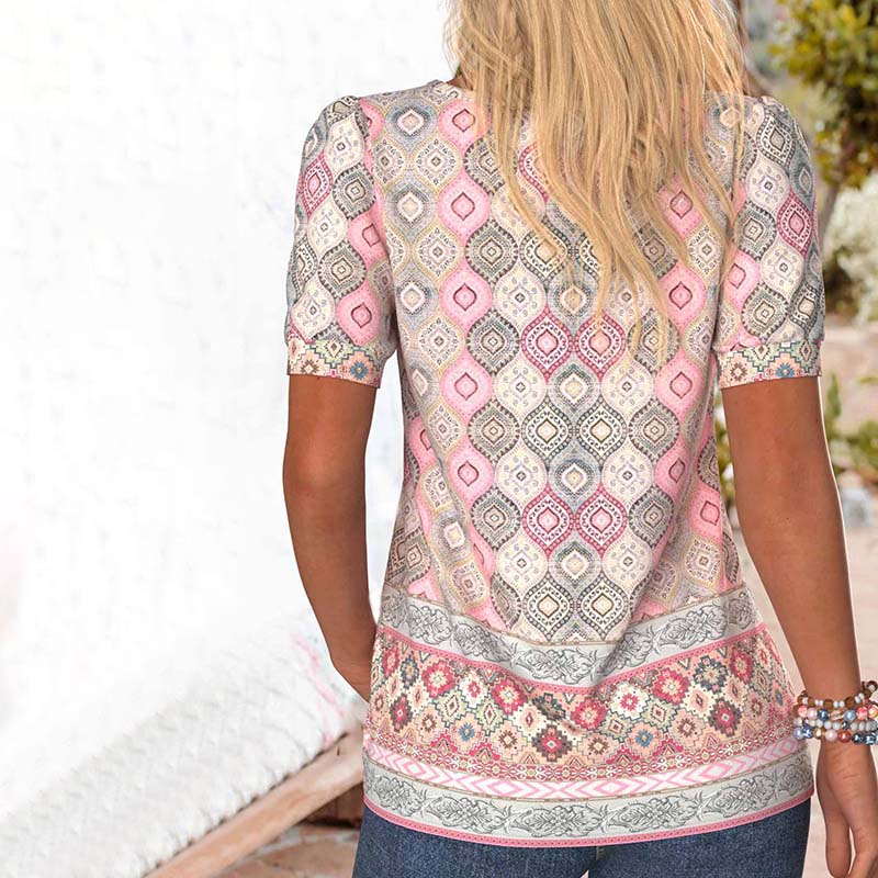 Vintage Bluse Med Etnisk Trykk