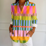 【Lange Ermer】Bluse Med Fargeblokker Og Geometrisk Trykk
