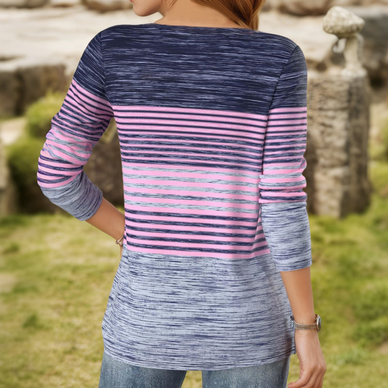 【Lange Ermer】Bluse Med Fargeblokker Og Striper
