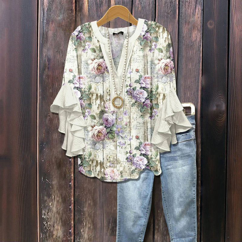 Uformell Bluse Med Blomstertrykk