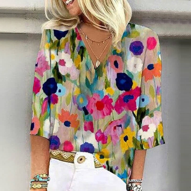 Fargerik Bluse Med Blomstertrykk