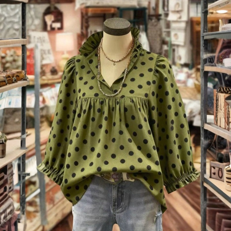 【Lange Ermer】Vintage Bluse Med Prikker