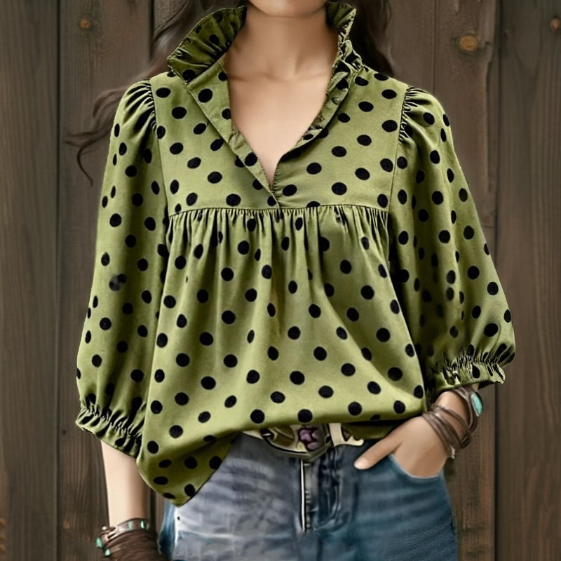 【Lange Ermer】Vintage Bluse Med Prikker