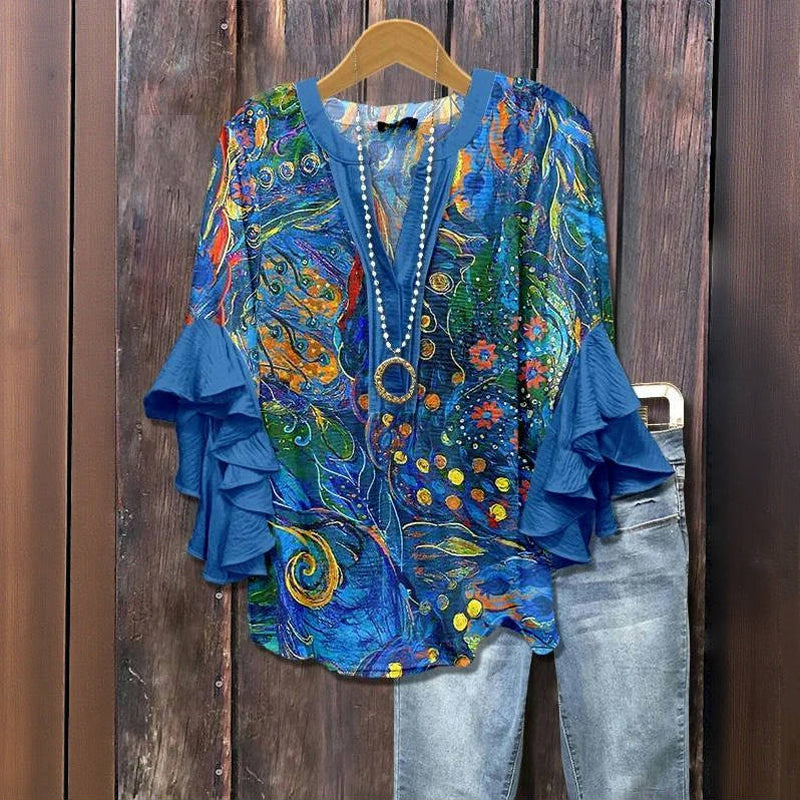 Vintage Bluse Med Abstrakt Trykk