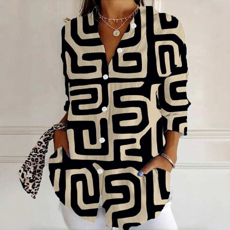 Vintage Bluse Med Geometrisk Trykk
