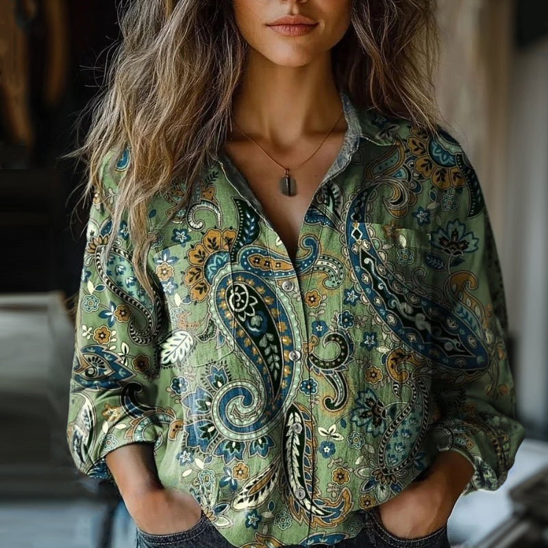Vintage Bluse Med Etnisk Trykk