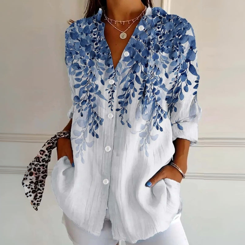 【Lange Ermer】Vintage Bladtrykk Bluse