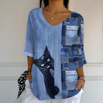 Vintage Bluse Med Kattetrykk
