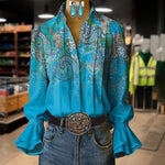 Vintage Bluse Med Etnisk Trykk