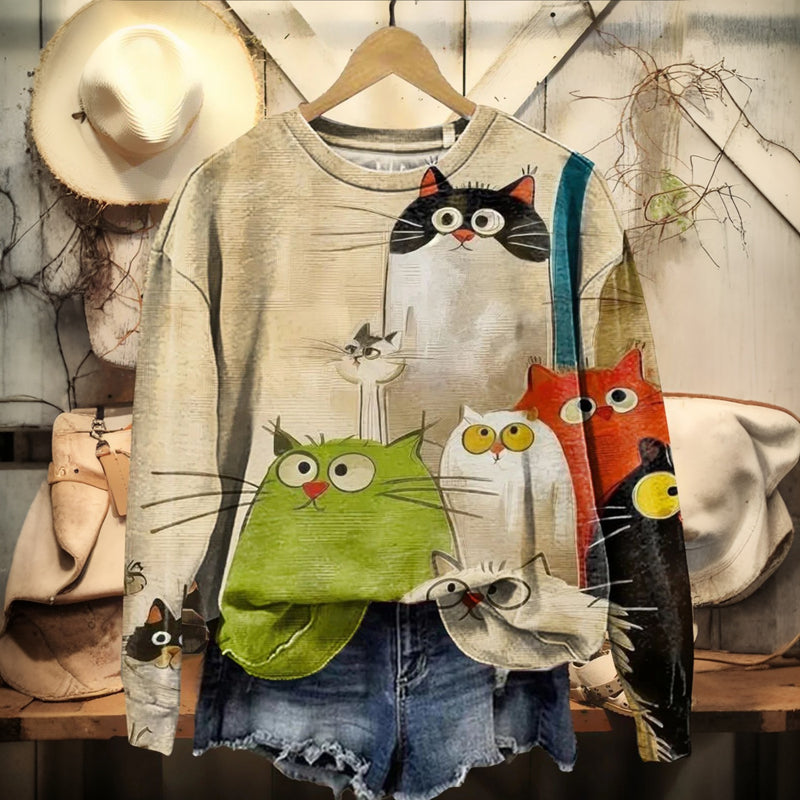 Uformell Sweatshirt Med Kattetrykk