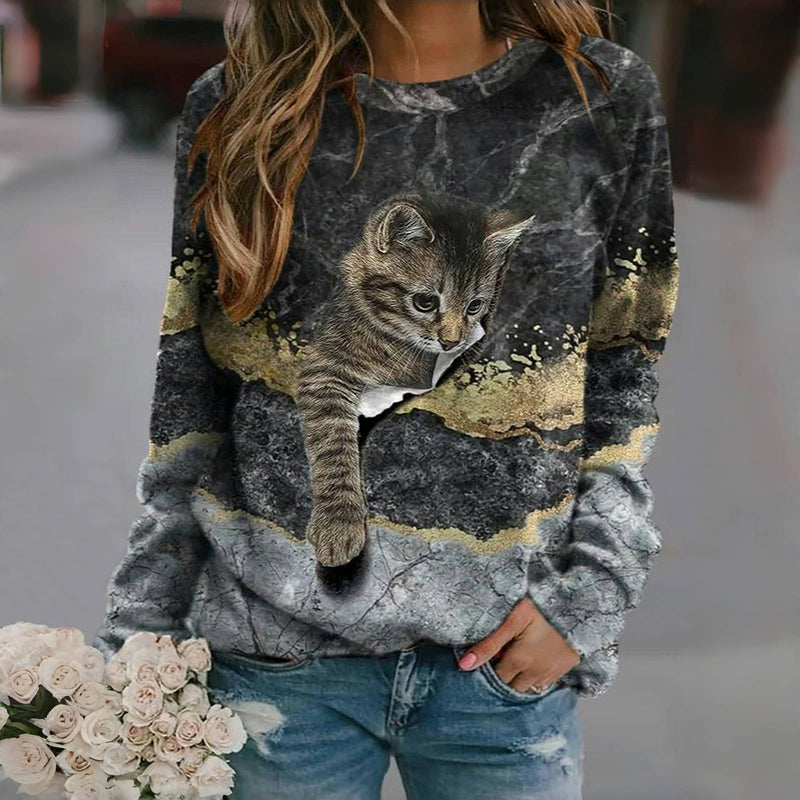 Vintage Sweatshirt Med Kattetrykk
