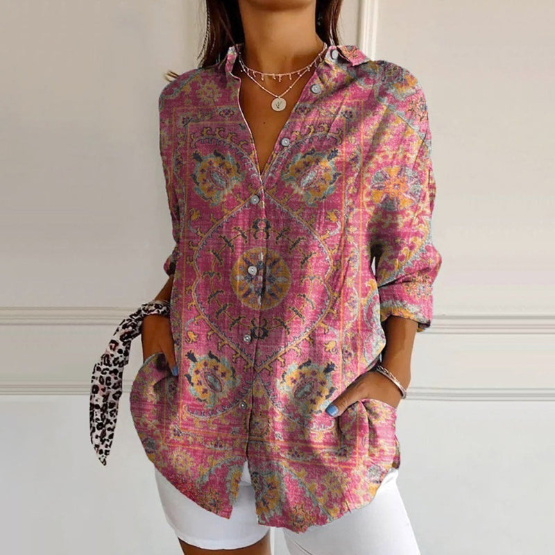 Vintage Bluse Med Etnisk Trykk