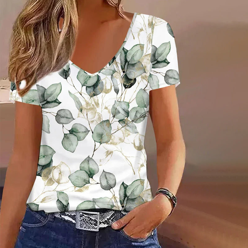 Blad Print Casual T-Skjorte