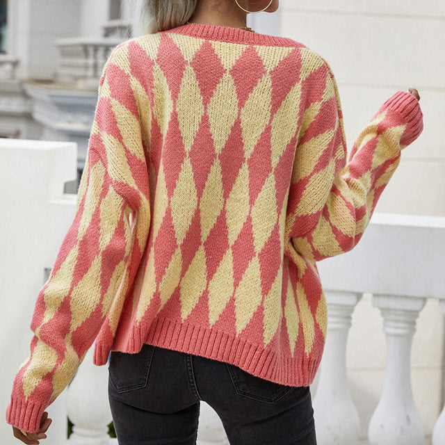 Uformell Geometrisk Strikket Cardigan