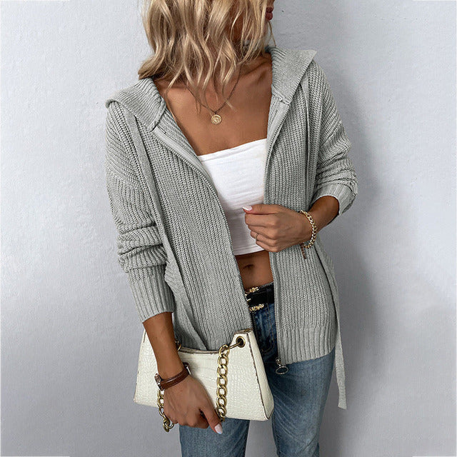 Casual Strikket Cardigan Med Hette