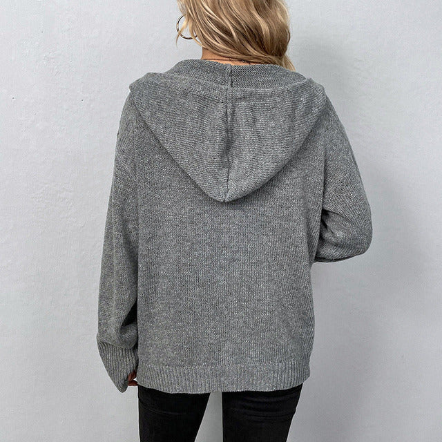 Casual Strikket Cardigan Med Hette