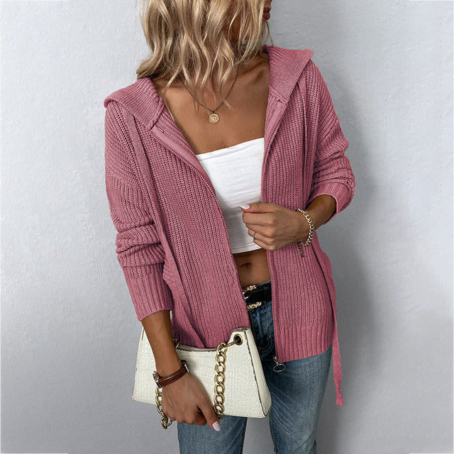 Casual Strikket Cardigan Med Hette